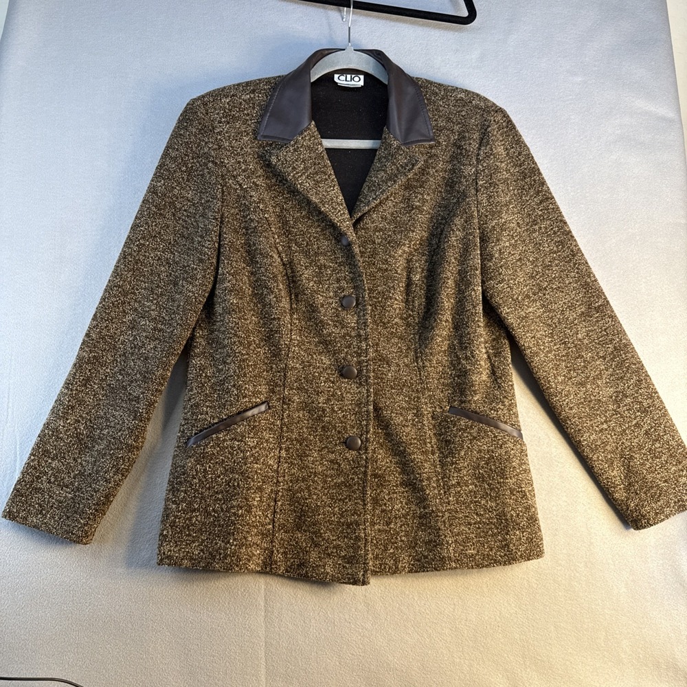 Vintage CLIO Brown Tweed Look Blazer Jacket Size 10 Faux Leather Trim Women's